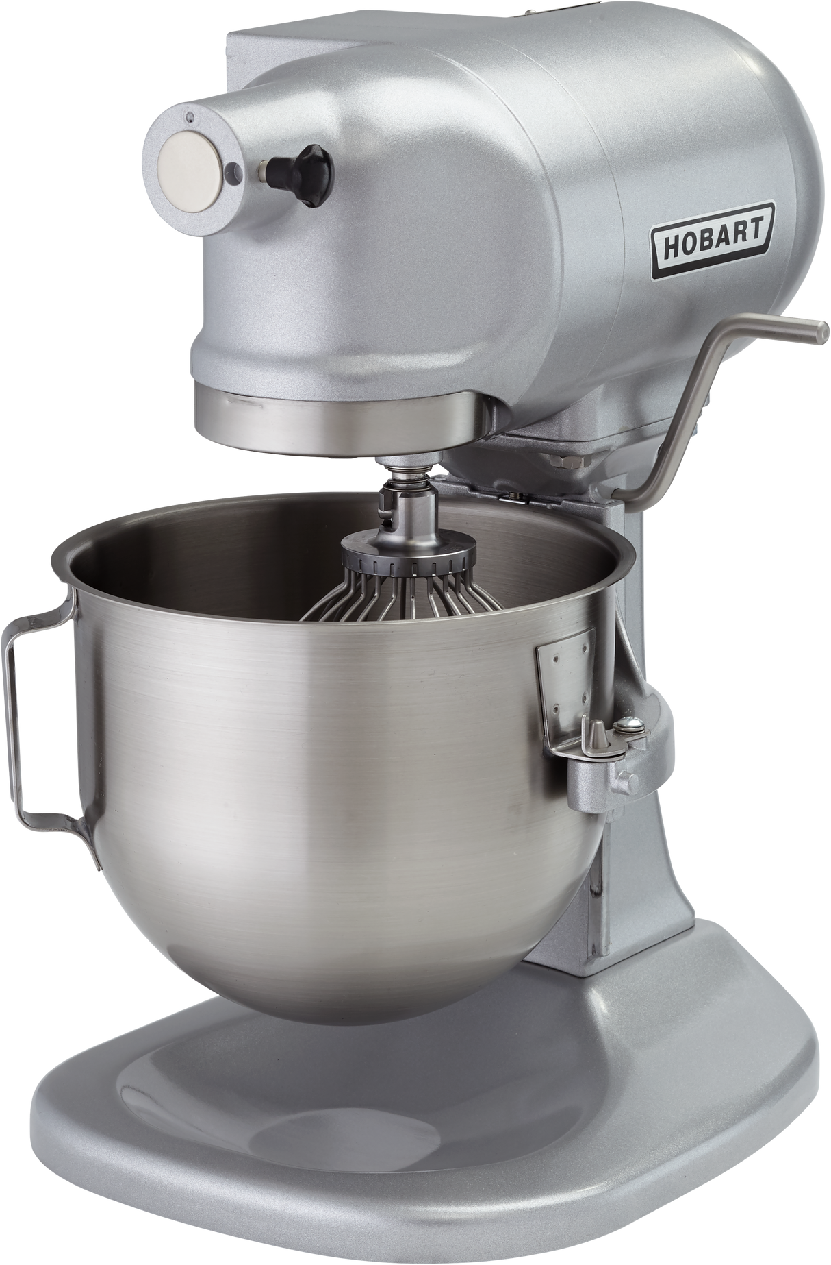 A large, silver Hobart planetary mixer with a metal mixing bowl and wire whisk attachment. The machine features a lever on the side, sturdy base, and rounded top with the Hobart logo, ideal for industrial or commercial kitchen use.