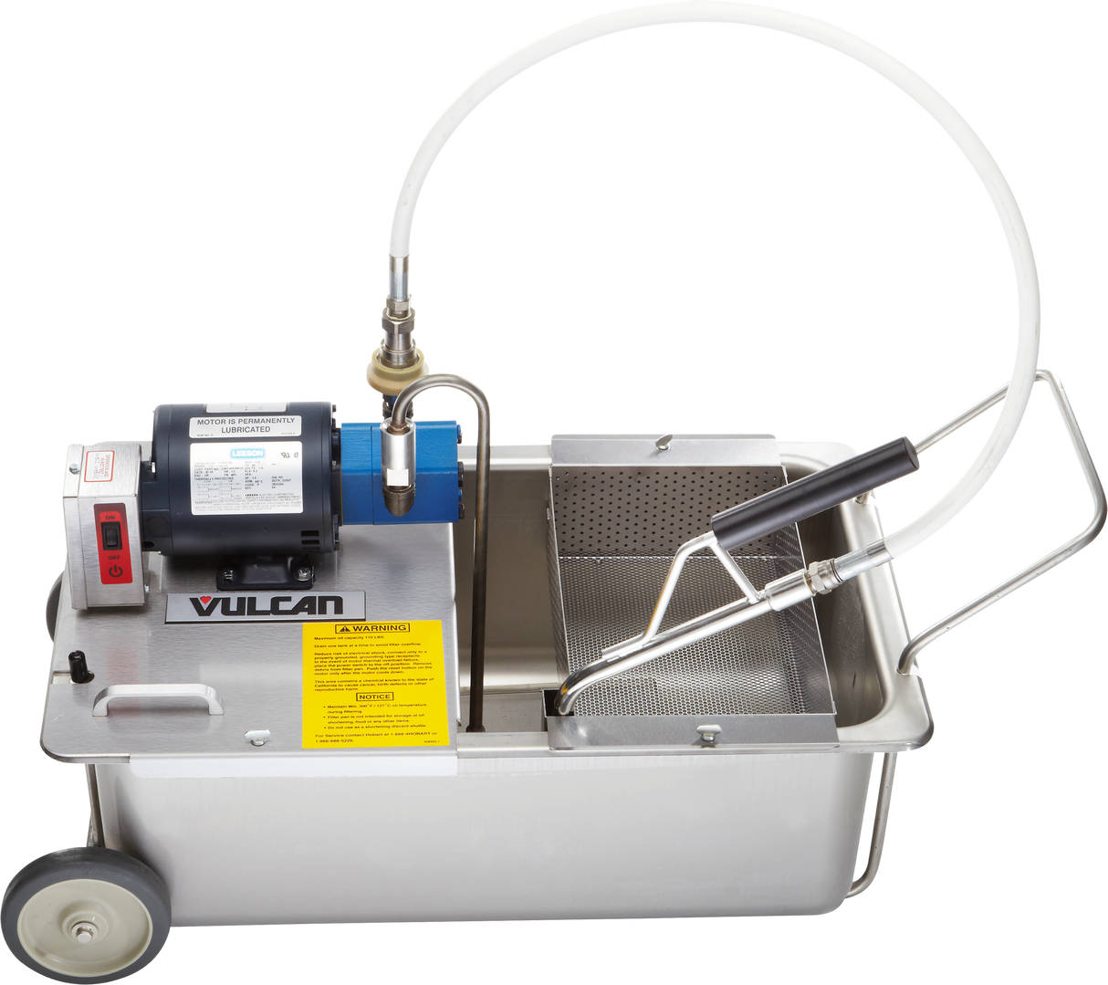 A portable fryer filtration machine with wheels, a blue and black motor, control switches, a flexible hose, and stainless steel mesh filter basket for up to 110 lbs oil capacity. Includes a warning label; ideal for oil or liquid filtration applications.