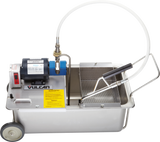 A portable fryer filtration machine with wheels, a blue and black motor, control switches, a flexible hose, and stainless steel mesh filter basket for up to 110 lbs oil capacity. Includes a warning label; ideal for oil or liquid filtration applications.