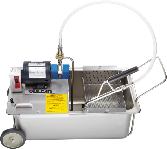 A portable fryer filtration machine with wheels, a blue and black motor, control switches, a flexible hose, and stainless steel mesh filter basket for up to 110 lbs oil capacity. Includes a warning label; ideal for oil or liquid filtration applications.