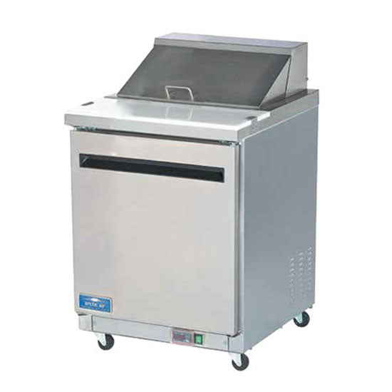 A stainless steel Arctic Air AST28R salad prep table with a hinged top lid, single door, and four caster wheels. The unit features a blue label near the bottom and a control panel, ideal for restaurant or kitchen use.
