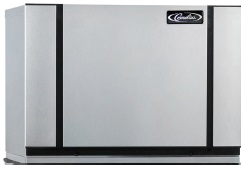 A large, rectangular, silver-colored Modular Ice Maker with a smooth front panel, two vertical black lines, and a brand logo at the top right corner. This air-cooled machine is ideal for producing half-size cubes in commercial settings.