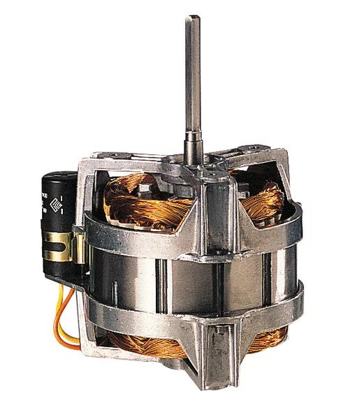 A close-up of an electric motor with exposed copper coil windings, a vertical metal shaft, and visible wiring—showcasing the mechanical core found in equipment like the Robot Coupe R101P Combination Food Processor for enhanced industrial design.
