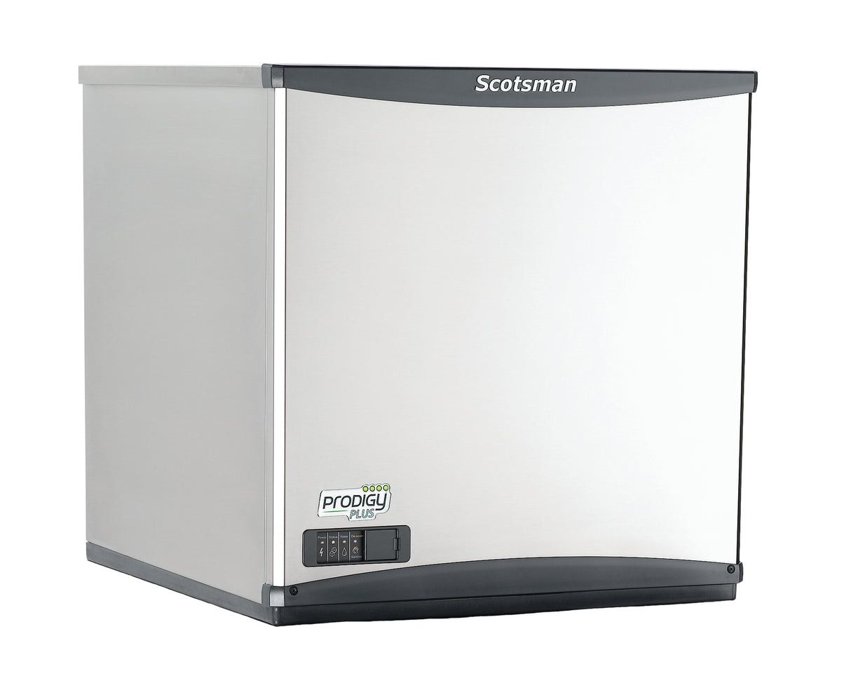 A stainless steel Scotsman nugget ice maker with a smooth, slightly curved front panel, digital control display at the lower left, and “Scotsman” branding at the top. Compact and modern, it delivers soft chewable ice in a sleek boxy design.