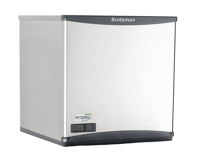 A stainless steel Scotsman nugget ice maker with a smooth, slightly curved front panel, digital control display at the lower left, and “Scotsman” branding at the top. Compact and modern, it delivers soft chewable ice in a sleek boxy design.