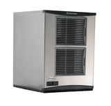 A stainless steel Scotsman Prodigy Plus ice machine with two large black ventilation grilles, a small digital display, and brand labels. This rectangular nugget ice maker features smooth, clean surfaces and is ideal for producing chewable ice in commercial settings.