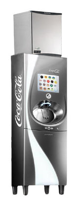 A silver Coca-Cola Freestyle soda fountain machine with a touchscreen interface displaying drink options. The machine features a single drink dispenser below the screen and an integrated commercial ice machine for chewable ice on top.