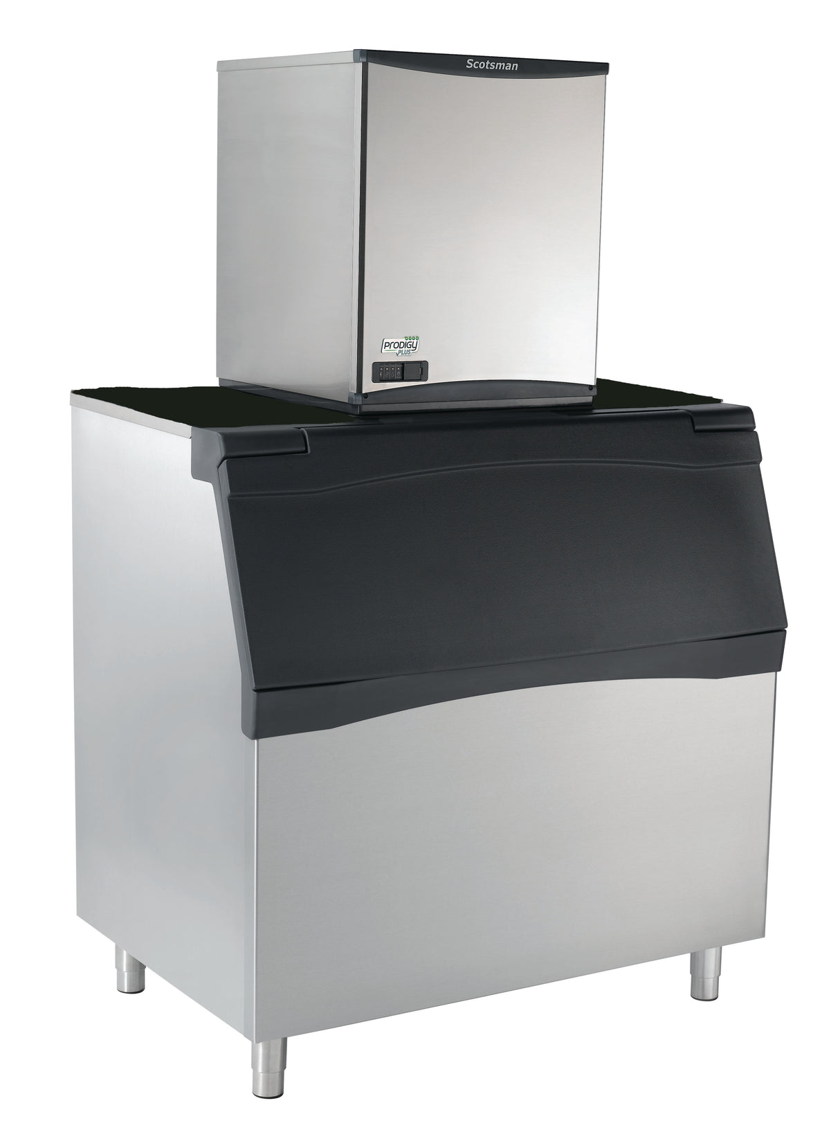 A commercial ice machine with a stainless steel exterior, featuring a large lower storage bin with a black, angled lid and a compact nugget ice maker on top, both branded “Scotsman.” The unit has short legs and a digital display on the ice maker.