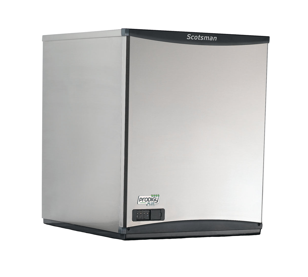 A stainless steel Scotsman Prodigy Plus nugget ice maker with a rectangular shape, curved black handles on the front door, a small digital display, and logos on the front. This chewable ice machine is set against a white background.