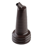 A dark brown, ribbed plastic cap with a wide base and two angled spouts at the top. The PourMaster Long Neck Top is dishwasher safe and designed for dispensing liquids, making it ideal for SaferFood Solutions in food service settings.