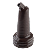 A dark brown, ribbed plastic cap with a wide base and two angled spouts at the top. The PourMaster Long Neck Top is dishwasher safe and designed for dispensing liquids, making it ideal for SaferFood Solutions in food service settings.