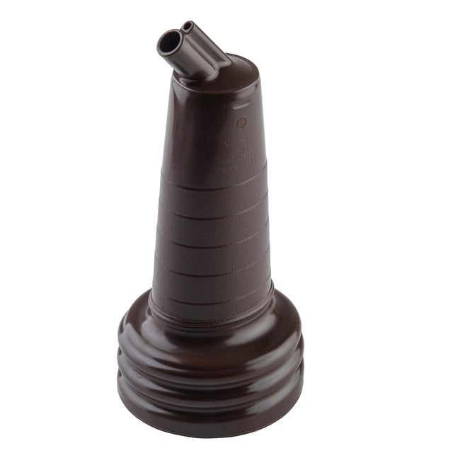 A dark brown, ribbed plastic cap with a wide base and two angled spouts at the top. The PourMaster Long Neck Top is dishwasher safe and designed for dispensing liquids, making it ideal for SaferFood Solutions in food service settings.