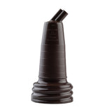 A dark brown plastic PourMaster Long Neck Top pour spout with two angled openings. It features textured grip rings, a grooved base for secure fit, and is dishwasher safe. The brand TABLECRAFT and model PourMaster are embossed on the surface.