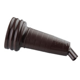 A brown, ribbed plastic PourMaster Long Neck Top funnel with a wide, flared opening tapers to a smaller, angled spout. Textured grip lines and embossed text near the spout add detail. The funnel is placed against a white background.