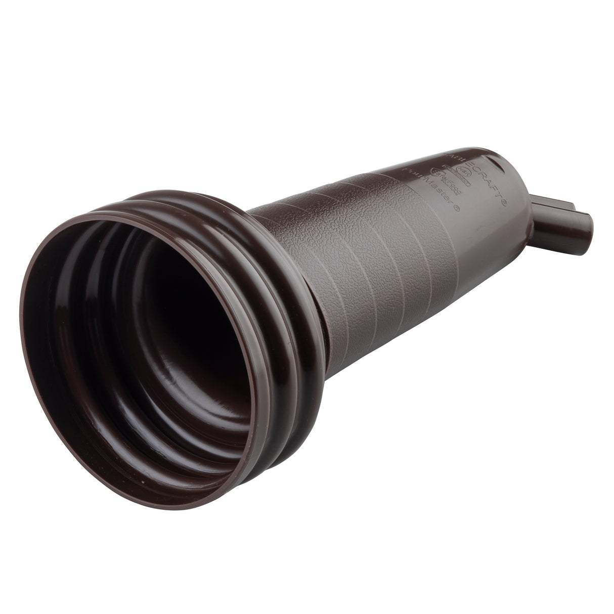 A dark brown SaferFood Solutions PourMaster Long Neck Top plastic funnel with a ribbed, flexible wide opening that tapers to a narrower spout. The funnel is dishwasher safe and has ridges along the body and a small tab near the narrow end. Background is plain white.