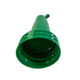 A green plastic PourMaster Long Neck Top funnel with a wide, ribbed opening and narrow spout, shown from a low angle. Seamless and glossy, it features a small handle near the spout and is dishwasher safe for easy cleaning.