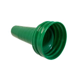 A green plastic PourMaster Long Neck Top funnel, dishwasher safe, with a wide circular opening narrowing to a small spout. The funnel is positioned wide end forward and the spout recedes into the background on a plain white surface.
