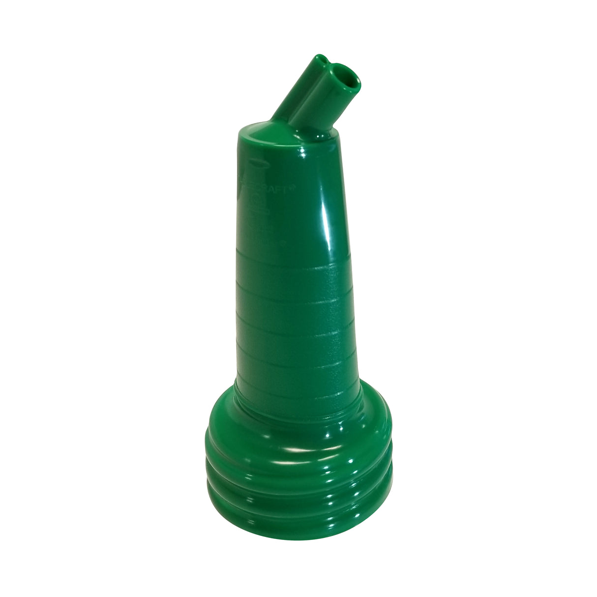 A green, ribbed plastic funnel with a wide, rounded base and a narrow, angled spout at the top. The PourMaster Long Neck Top is sturdy, dishwasher safe, and photographed against a white background.