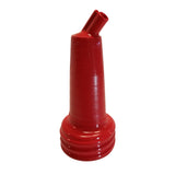 A bright red PourMaster Long Neck Top plastic funnel with a ribbed, wide base and a narrow, slightly angled spout, designed for pouring liquids or powders. Dishwasher safe; set against a plain white background.