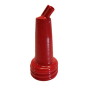 A bright red PourMaster Long Neck Top plastic funnel with a ribbed, wide base and a narrow, slightly angled spout, designed for pouring liquids or powders. Dishwasher safe; set against a plain white background.