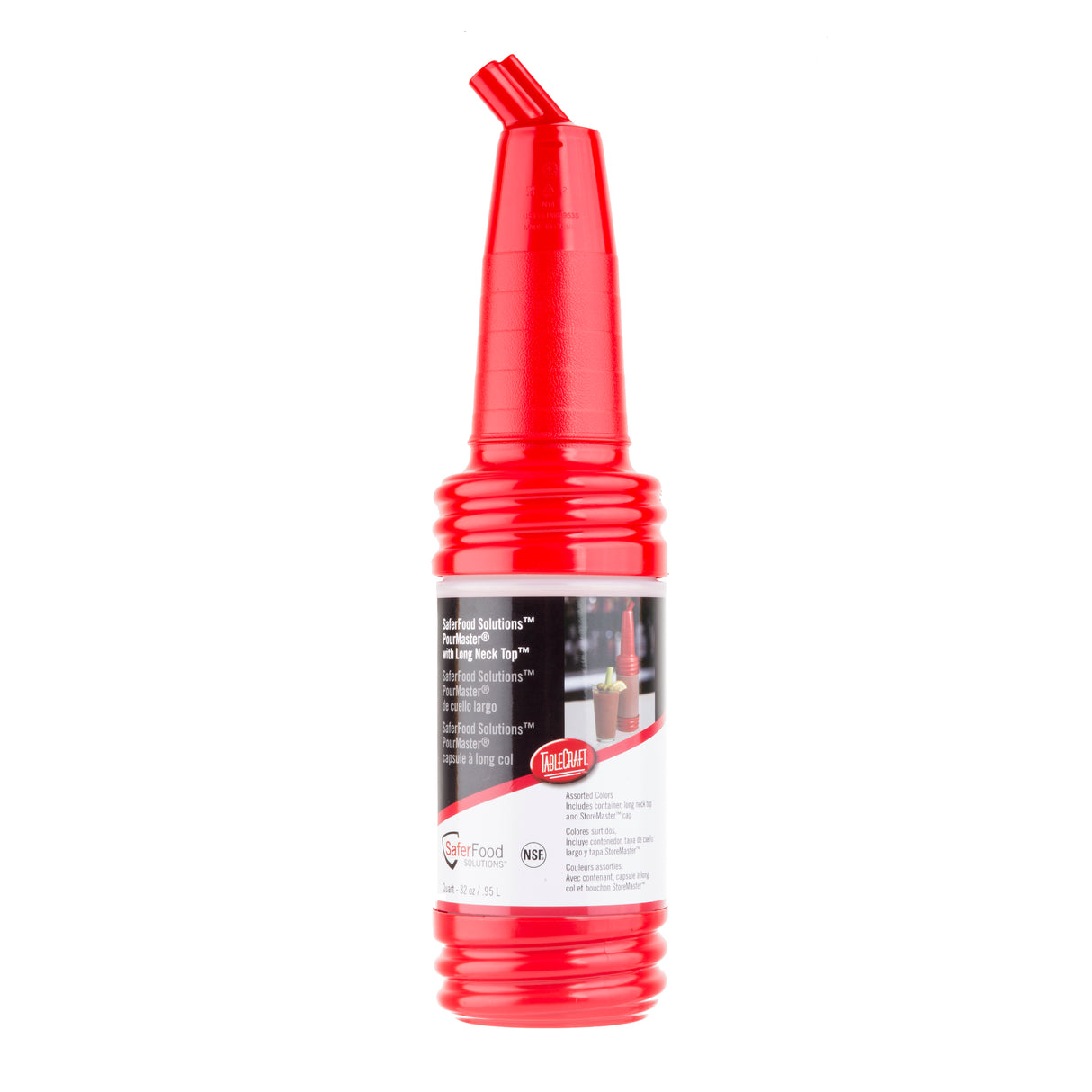 A tall, red, ridged PourMaster Long Neck Top plastic bottle with a long, tapered pour spout and a white label displaying text and images. Upright against a white background, it is dishwasher safe and ideal for dispensing liquid in bars or kitchens.