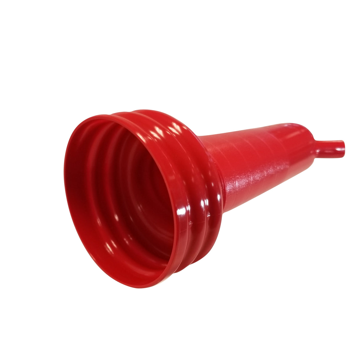 A bright red PourMaster Long Neck Top plastic funnel with a wide, ribbed opening tapers down to a narrow spout. Lying on its side against a white background, it boasts a glossy, smooth texture and is dishwasher safe for SaferFood Solutions.