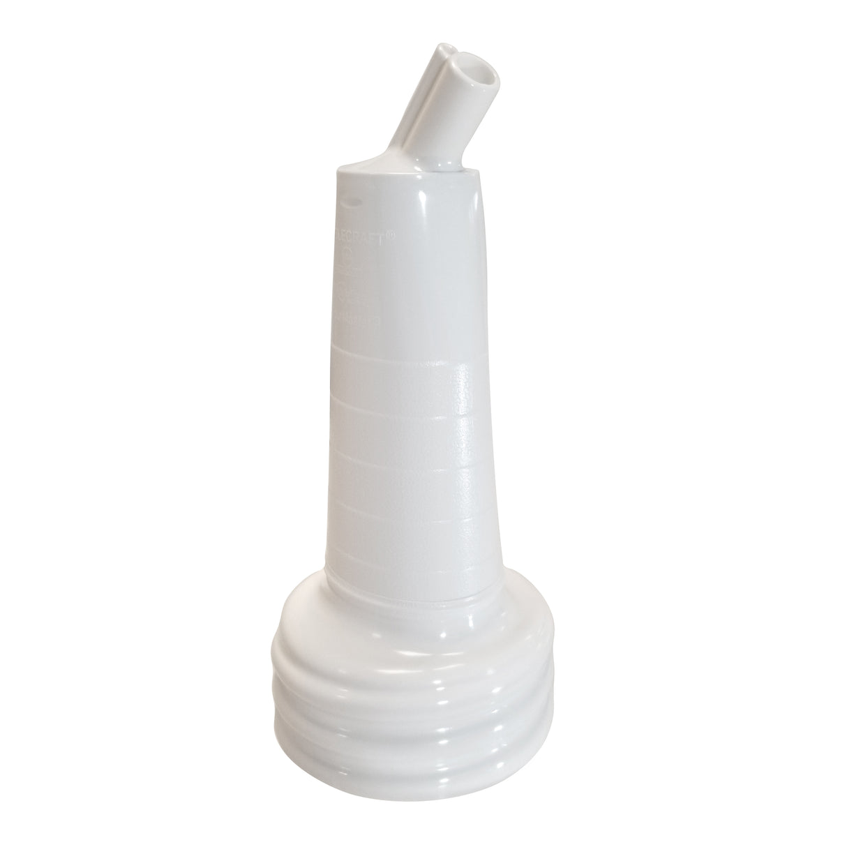 A white plastic urinal bottle with a wide, ribbed base for stability. The PourMaster Long Neck Top provides ergonomic use, while its design is commonly used in medical and healthcare settings. Dishwasher safe for added convenience.