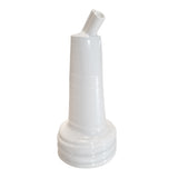 A white plastic urinal bottle with a wide, ribbed base for stability. The PourMaster Long Neck Top provides ergonomic use, while its design is commonly used in medical and healthcare settings. Dishwasher safe for added convenience.