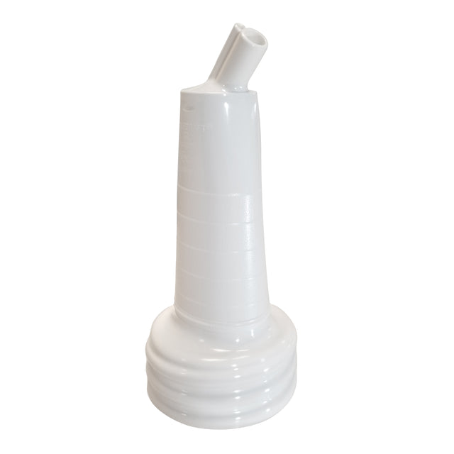 A white plastic urinal bottle with a wide, ribbed base for stability. The PourMaster Long Neck Top provides ergonomic use, while its design is commonly used in medical and healthcare settings. Dishwasher safe for added convenience.
