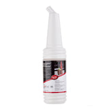 A white plastic squeeze bottle with a PourMaster Long Neck Top, featuring a rectangular label with text, images, and a red accent. Upright against a white background, it's dishwasher safe and appears related to food or beverage service.