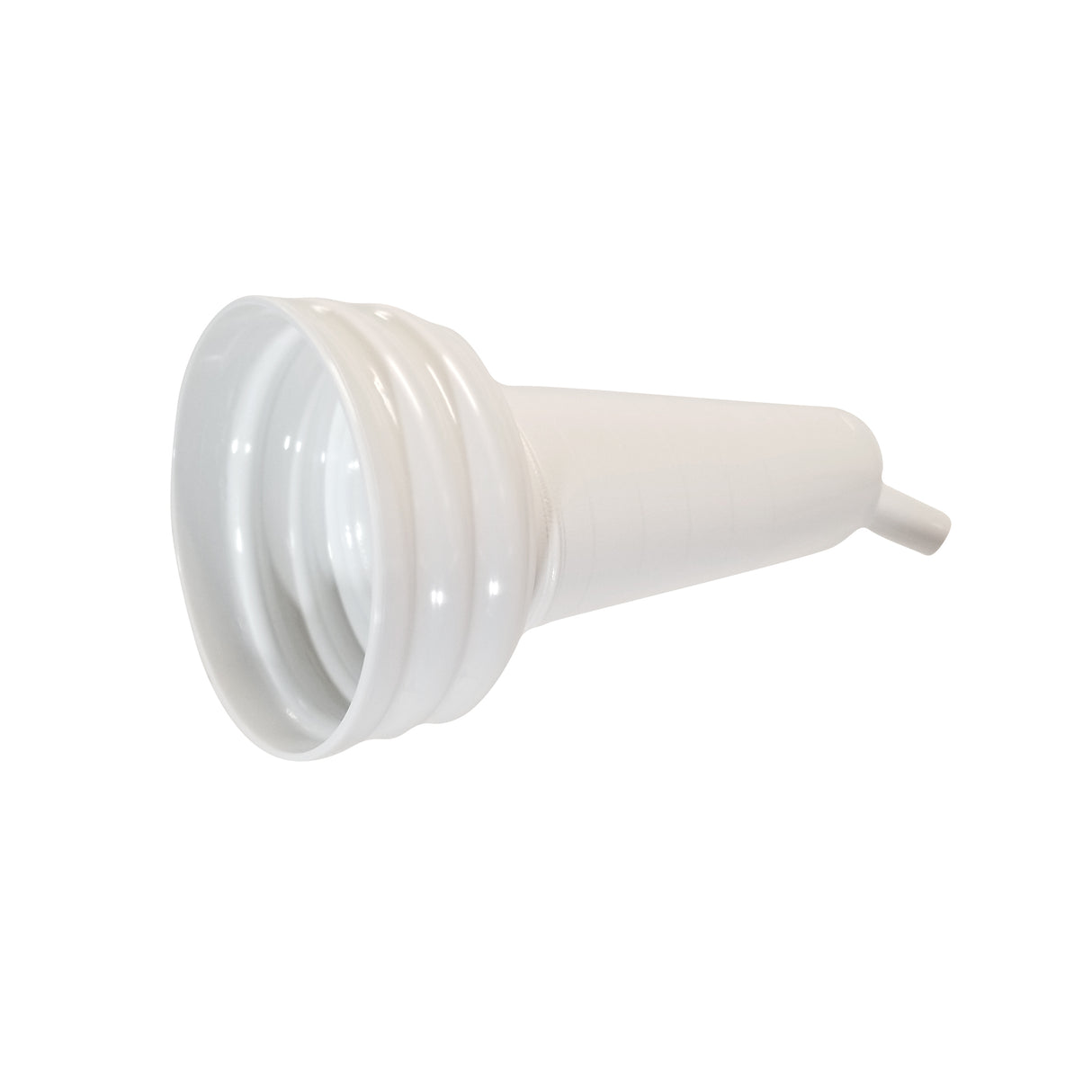 A white plastic funnel, the PourMaster Long Neck Top by SaferFood Solutions, features a wide, threaded mouth and narrow spout for easy pouring into small openings. Dishwasher safe and slightly angled right, it has a smooth surface against a plain white background.