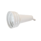 A white plastic funnel, the PourMaster Long Neck Top by SaferFood Solutions, features a wide, threaded mouth and narrow spout for easy pouring into small openings. Dishwasher safe and slightly angled right, it has a smooth surface against a plain white background.