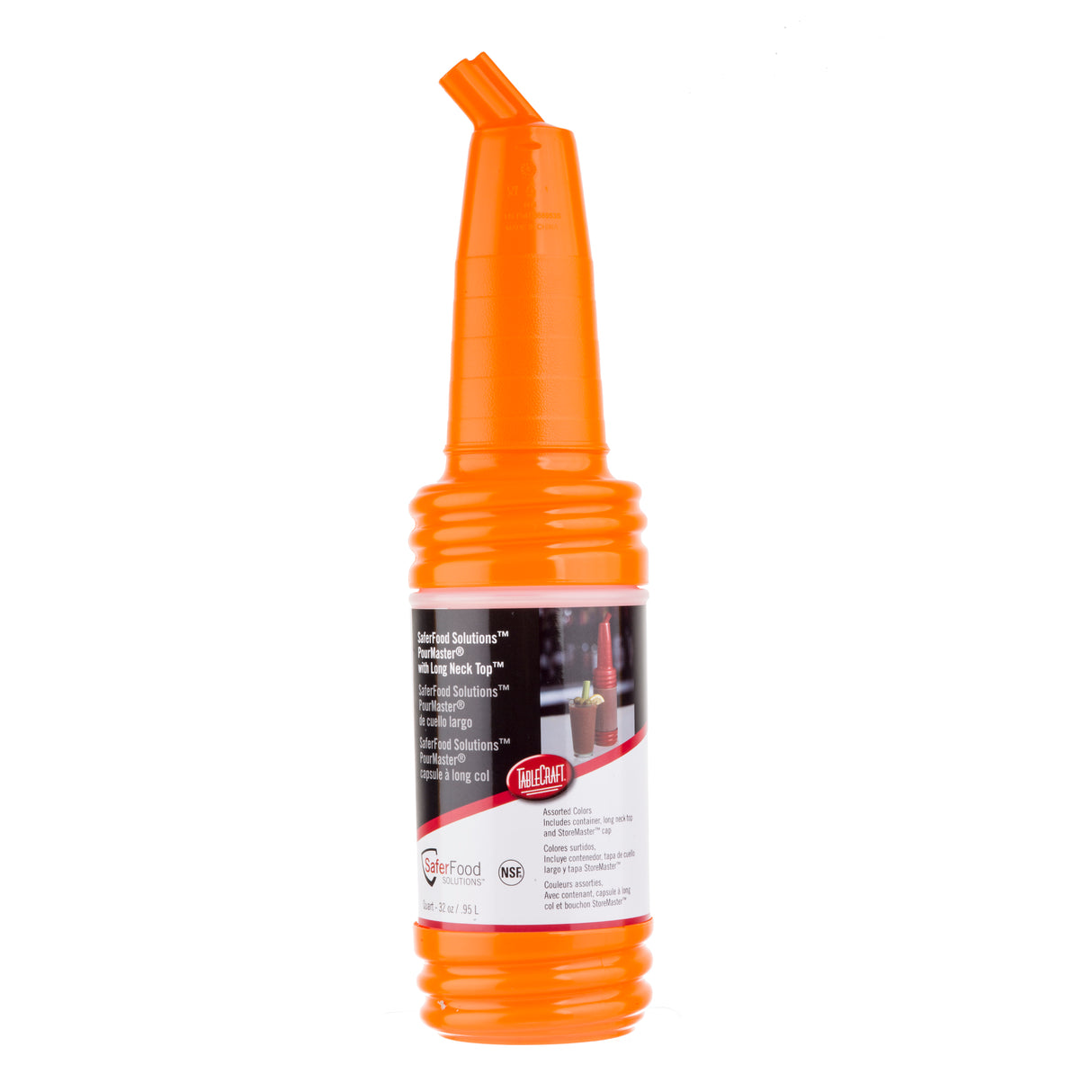 A tall, bright orange SaferFood Solutions PourMaster Long Neck Top plastic bottle with a ribbed body and built-in spout stands upright. Its label features a drink-serving scene. This dishwasher safe bottle is ideal for pouring liquids in bars or restaurants.