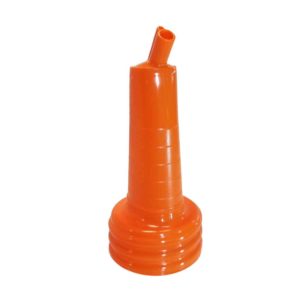 A bright orange plastic funnel, the PourMaster Long Neck Top, features a ribbed wide base and a slightly bent narrow spout at the top. Dishwasher safe, it stands upright against a white background—ideal for SaferFood Solutions.