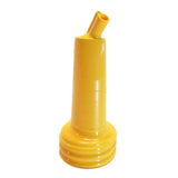 A bright yellow PourMaster Long Neck Top bottle pourer with a ribbed base, cylindrical body, and angled spout for controlled liquid dispensing, set against a plain white background. This item is dishwasher safe for easy cleaning.