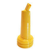 A bright yellow PourMaster Long Neck Top bottle pourer with a ribbed base, cylindrical body, and angled spout for controlled liquid dispensing, set against a plain white background. This item is dishwasher safe for easy cleaning.