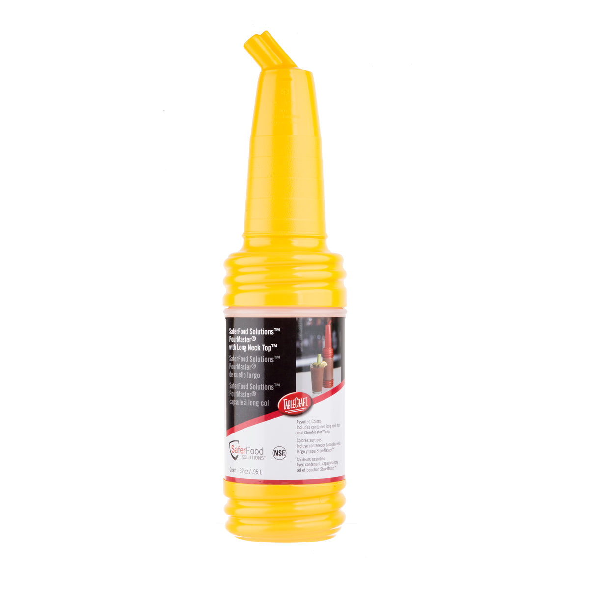A yellow plastic PourMaster Long Neck Top bottle from SaferFood Solutions with a wraparound label, including text, images, and bar setting. The angled spout is ideal for dispensing liquids. Dishwasher safe. Background is plain white.