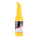 A yellow plastic PourMaster Long Neck Top bottle from SaferFood Solutions with a wraparound label, including text, images, and bar setting. The angled spout is ideal for dispensing liquids. Dishwasher safe. Background is plain white.