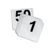 A stack of rectangular, white TableCraft number card sign set cards with rounded corners, each featuring a large black number. The top card displays the number 1, while the card underneath partially shows the number 50.