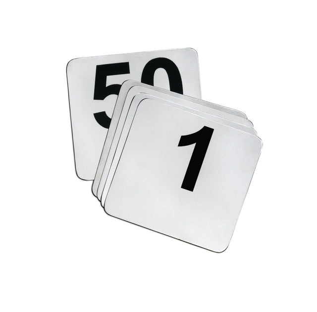 A stack of rectangular, white TableCraft number card sign set cards with rounded corners, each featuring a large black number. The top card displays the number 1, while the card underneath partially shows the number 50.