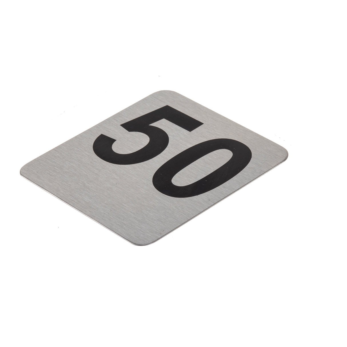 A square metallic TableCraft plaque with a brushed stainless steel texture displays the number 50 in large, bold black font. The number card sign set is photographed against a plain white background, with rounded corners and a tilted surface.