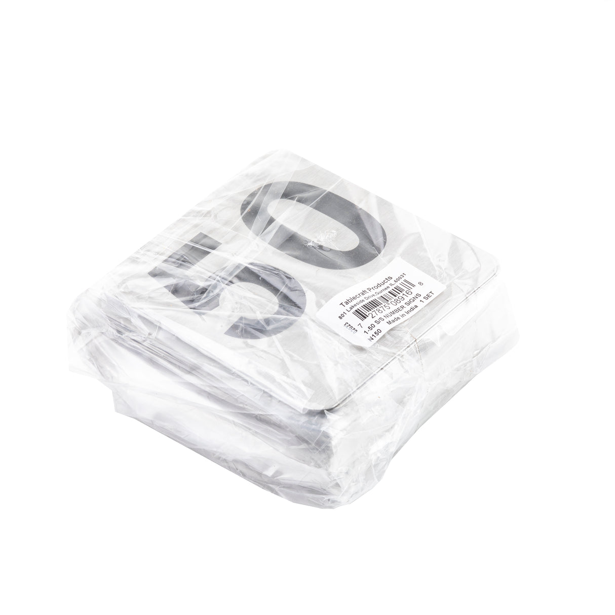A stack of white paper cards, part of a TableCraft number card sign set, is wrapped in clear plastic packaging. The top card displays the number 50 in large, bold black font and a white barcode label is affixed to the plastic wrap.