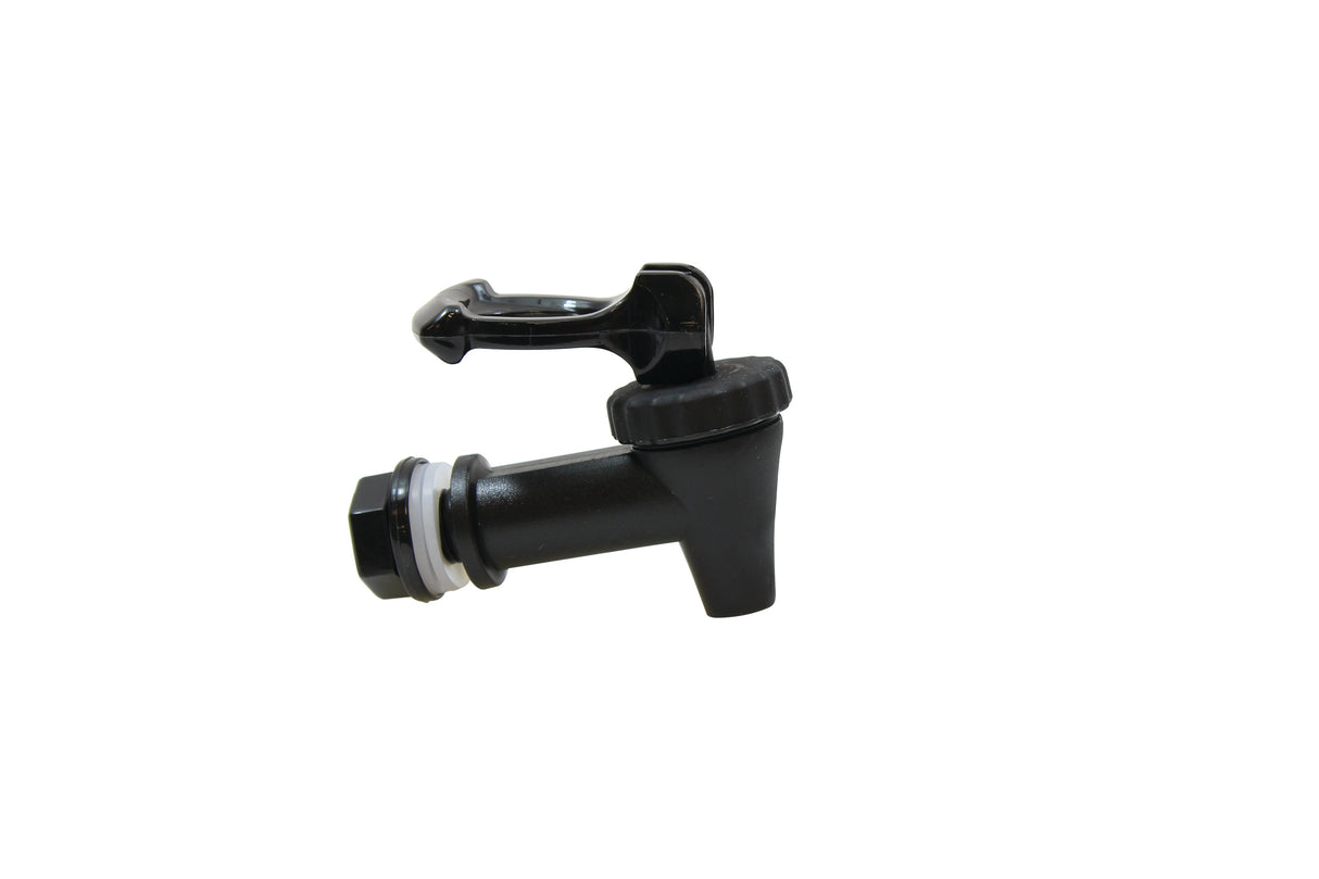 A black plastic Replacement Faucet with a round screw-on cap and lever handle is shown against a white background. The spigot, ideal for beverage dispensers, has a threaded base with a washer for sealing and effortless liquid dispensing.