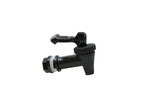 A black plastic Replacement Faucet with a round screw-on cap and lever handle is shown against a white background. The spigot, ideal for beverage dispensers, has a threaded base with a washer for sealing and effortless liquid dispensing.