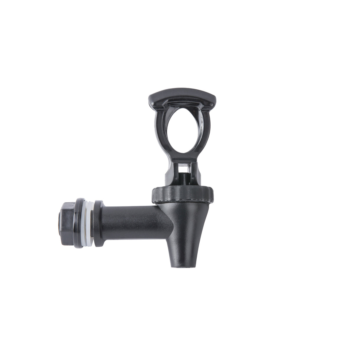 A black plastic replacement faucet with a horizontal nozzle, attached nut, and top lever handle is shown on a plain white background. Ideal for beverage dispensers, the spigot's cylindrical shape highlights its simple, functional design.