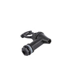 A black plastic threaded hose connector, ideal as a Replacement Faucet for a TableCraft beverage dispenser, with an attached circular cap, O-ring near the base, and a spout extending at an angle, isolated on a white background.