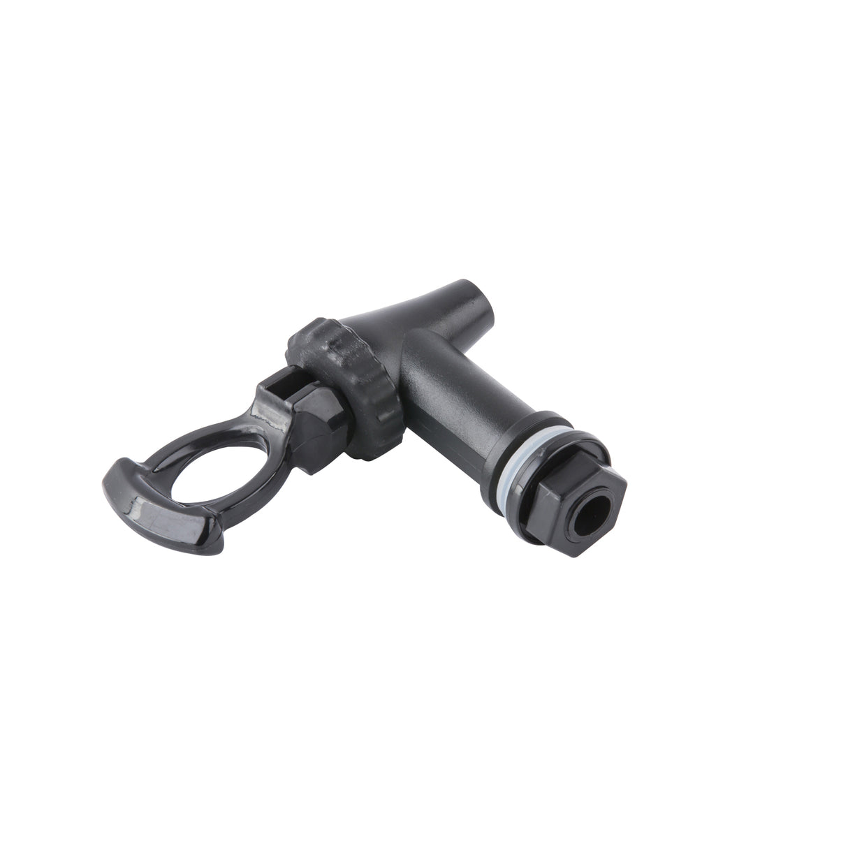 A black plastic replacement faucet spigot tap with a threaded nozzle, circular handle, and rubber washer for sealing—ideal for beverage dispensers or tanks. The handle is perpendicular to the nozzle and NSF certified for safe liquid dispensing.