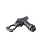 A black plastic replacement faucet spigot tap with a threaded nozzle, circular handle, and rubber washer for sealing—ideal for beverage dispensers or tanks. The handle is perpendicular to the nozzle and NSF certified for safe liquid dispensing.