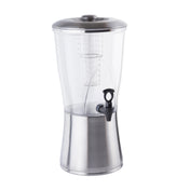 A modern, BPA free beverage dispenser with a silver base and lid, featuring a built-in infuser tube and a black spigot near the bottom. Its sleek design is perfect for serving cold infusions at any event.