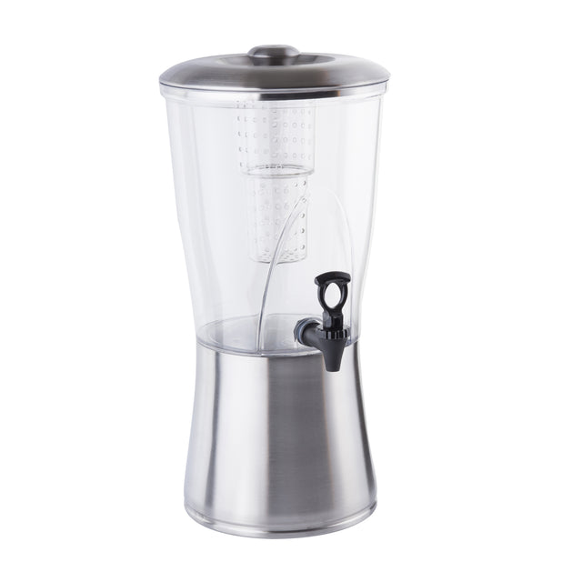 A modern, BPA free beverage dispenser with a silver base and lid, featuring a built-in infuser tube and a black spigot near the bottom. Its sleek design is perfect for serving cold infusions at any event.